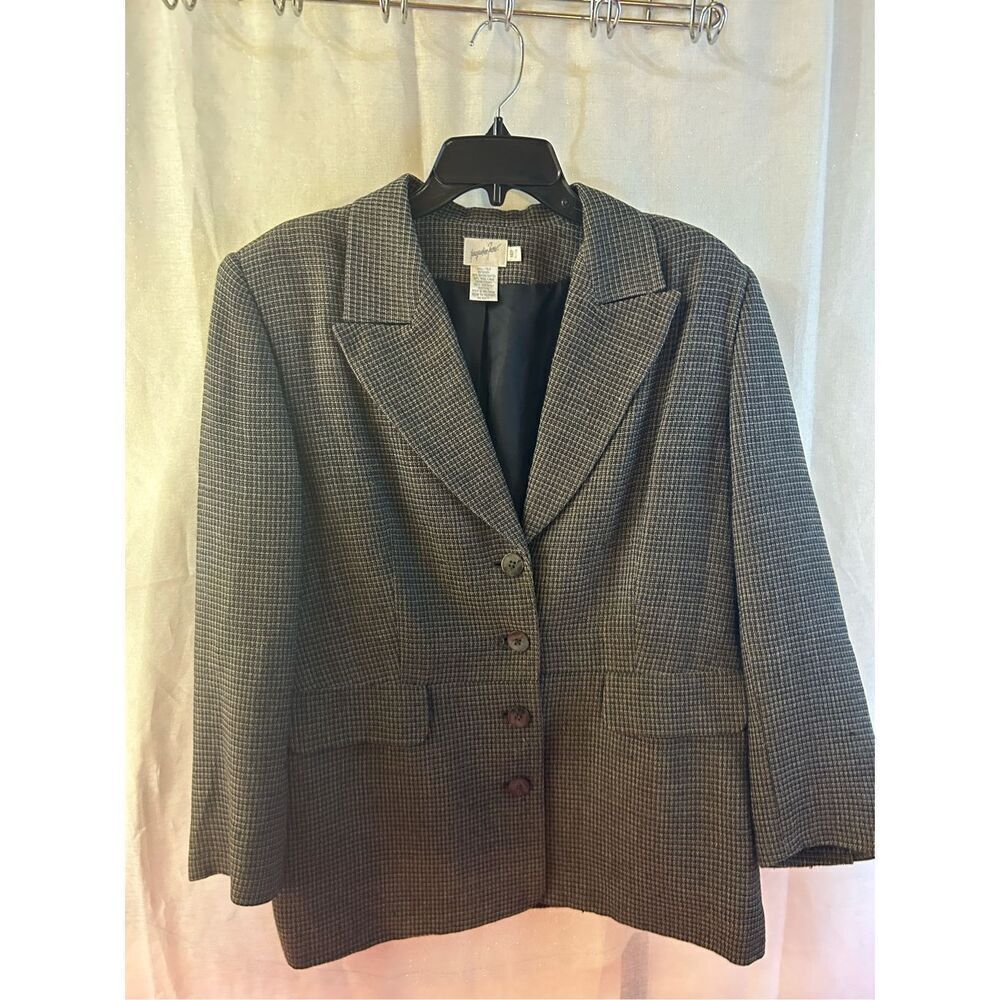Jacqueline Ferrar‎ blazer gray checkered 14p Rayon/ Wool Blend tweed business